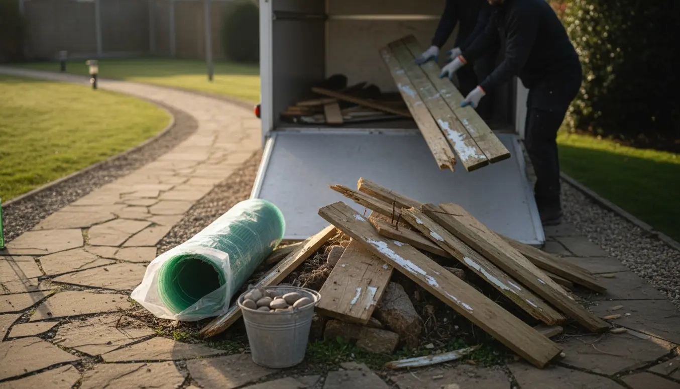 Nedfaldent skur- og hegnsaffald (træbrædder, trapezplast i pose og sten) læsses i en åben trailer ved enden af en havevej.