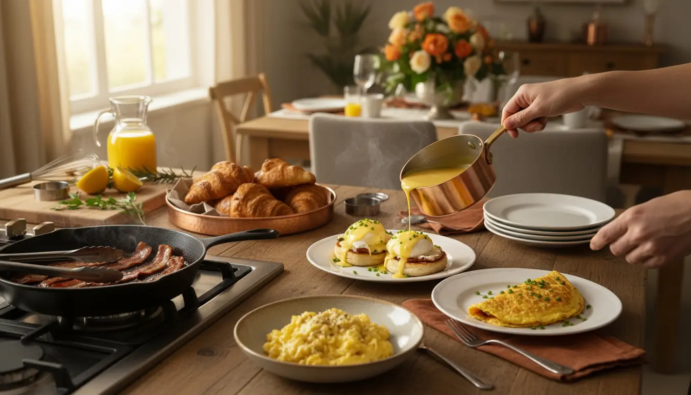 Hænder anretter bacon, æg benedict, røræg og omelet på kobberfade i et solbeskinnet hjemmekøkken.