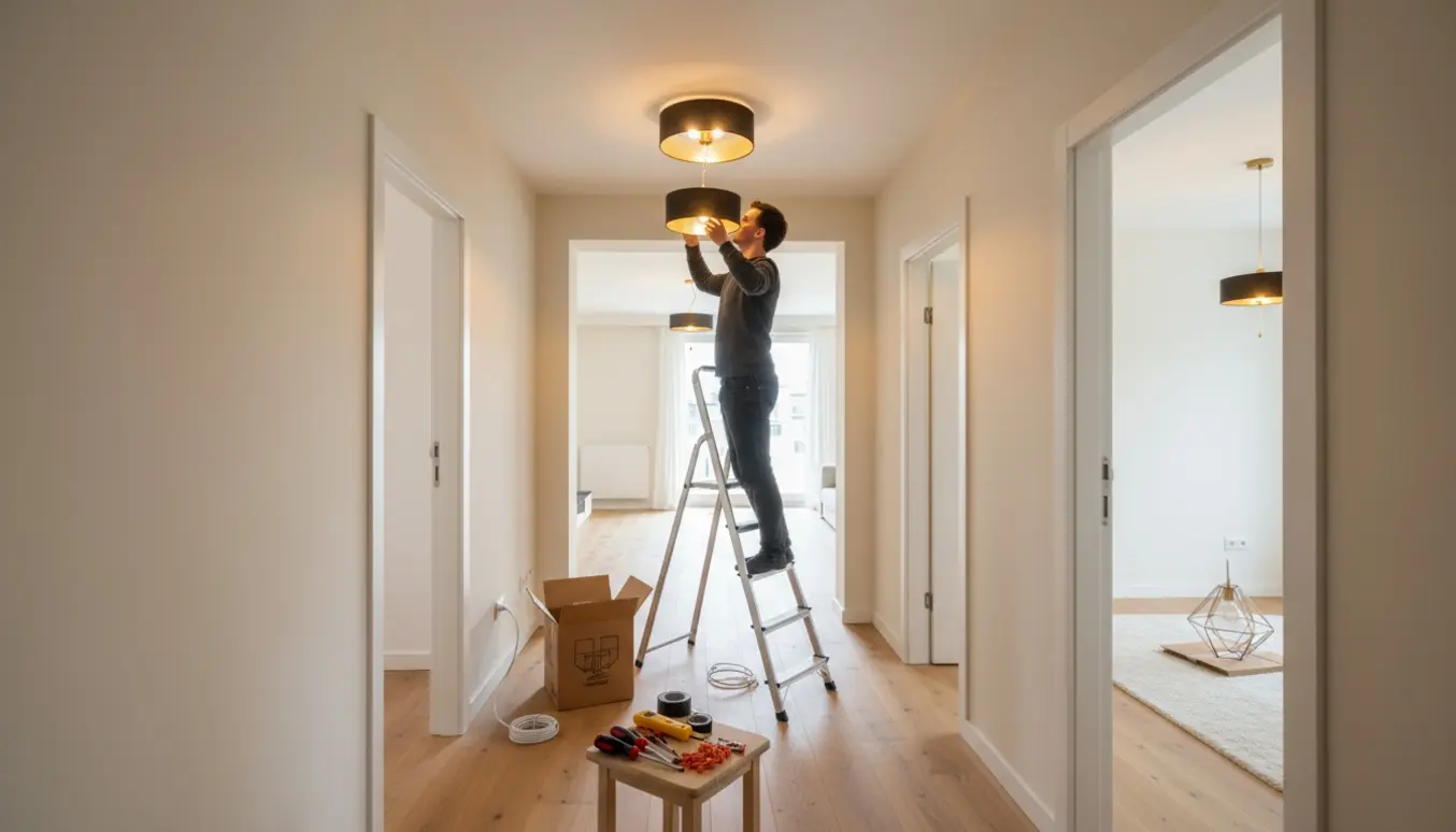 Hænder monterer en loftslampe i en lys, moderne lejlighed med værktøj i forgrunden.