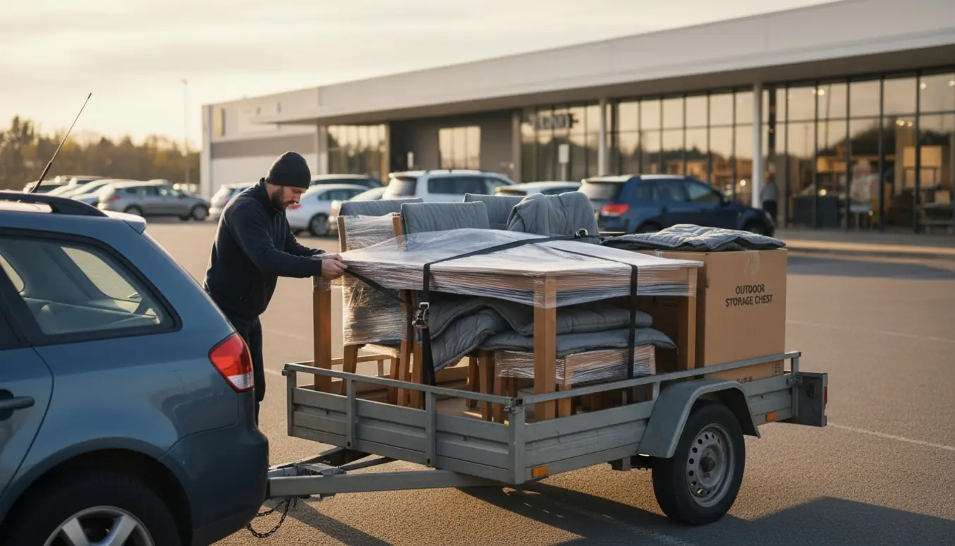 En person læsser en trailer med indpakkede møbler — spisebord, stole, sofabord og en udendørs kasse — foran en møbelforretning.