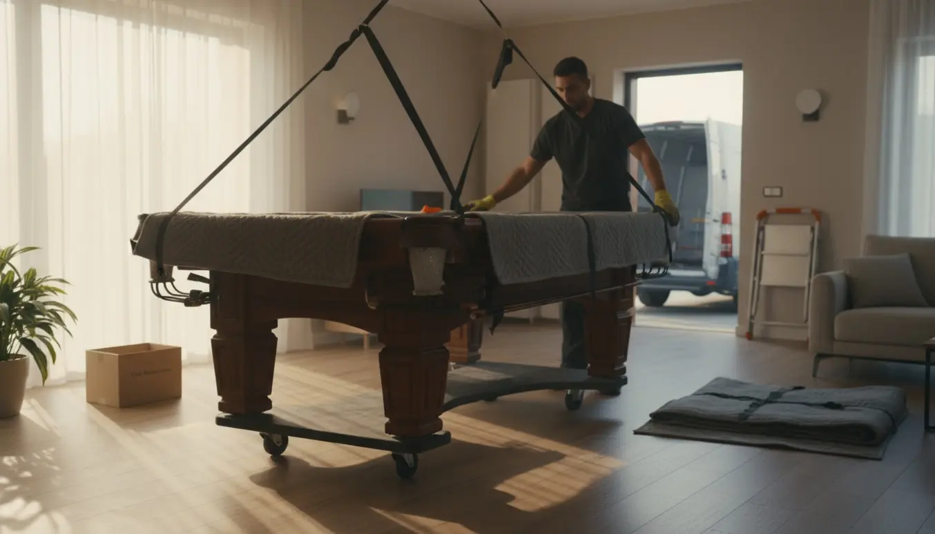 To flyttemænd flytter et trehundrede kilo billardbord med afmonterede ben og beskyttelse i en lys stue.