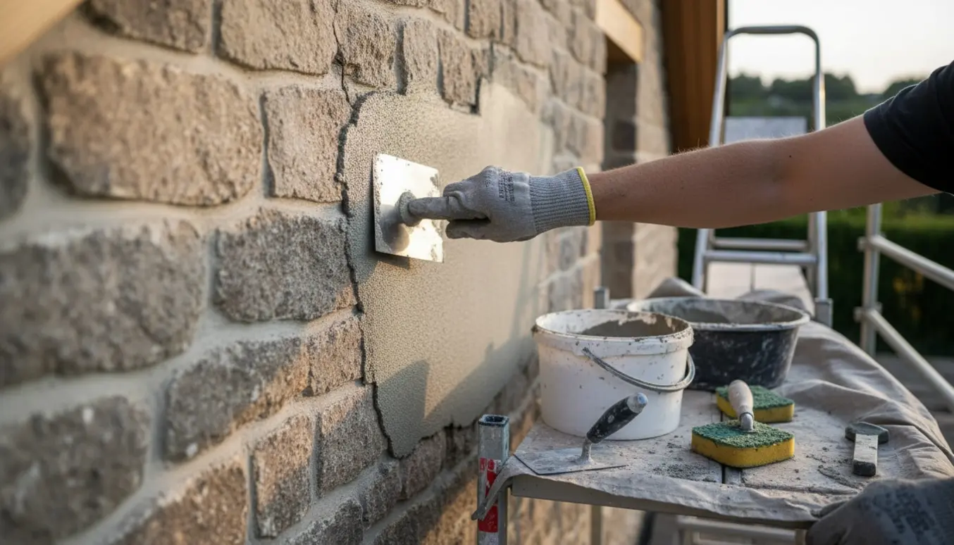 Hænder filtsner en grå husgavl med pudseværktøj og materialer på et lille stillads.