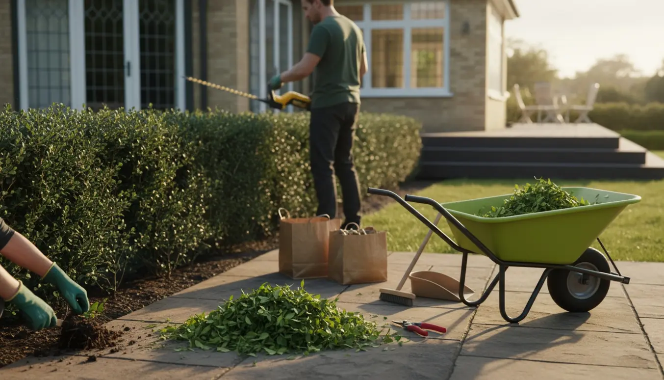 Person klipper en lang hæk ved en terrasse, mens ukrudt samles i trillebør og poser.