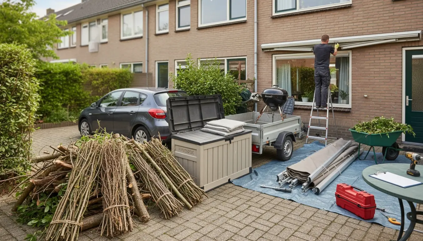 Gårdhave ved rækkehus med hyndeboks, kuglegrill, småtræer og grene læsset til afhentning og en markise ved at blive afmonteret.