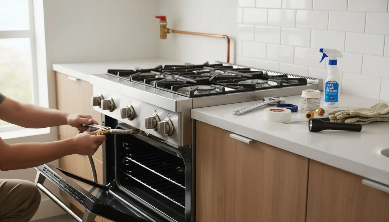 Installatør forbinder en fleksibel gastilslutning til et nyt rustfrit gaskomfur i et lyst køkken.