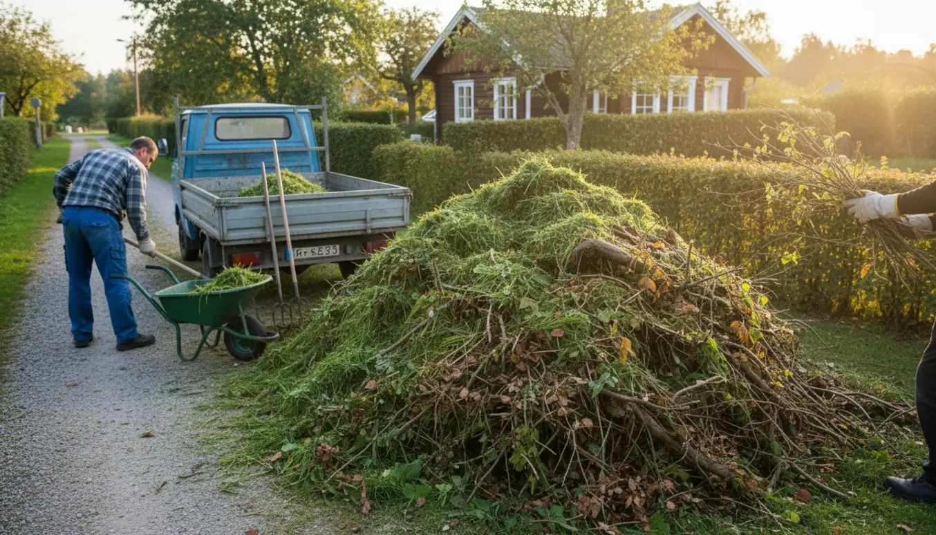 Stor bunke løst haveaffald ved sommerhus med trailer klar til afhentning.