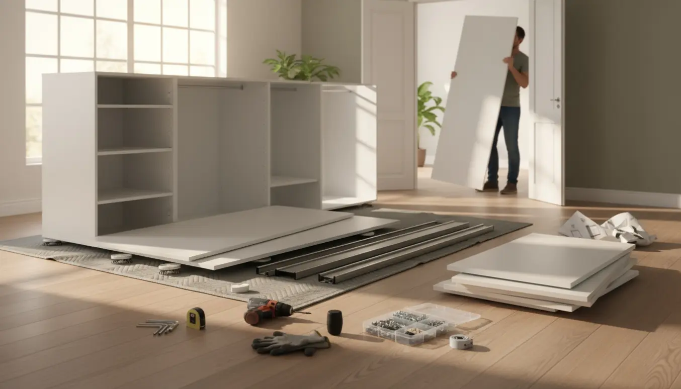 Et hvidt modulskab skilles ad og bæres gennem en dør, omgivet af værktøj og tæpper.