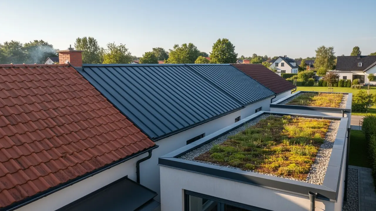 Oversigt over forskellige tagtyper: tegl, metal og grønt fladt tag set fra siden