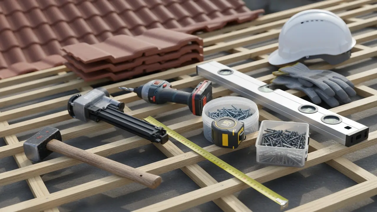 Nærbillede af værktøj til fastgørelse på taget: hammer, skruemaskine, søm og sikkerhedsudstyr