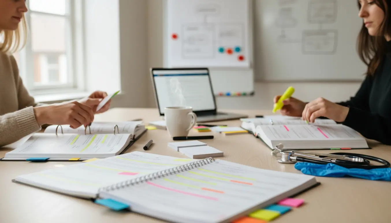 Studiegruppe organiserer noter og pensum til sygeeksamen ved et solbeskinnet bord med farvede faner og en stetoskop.