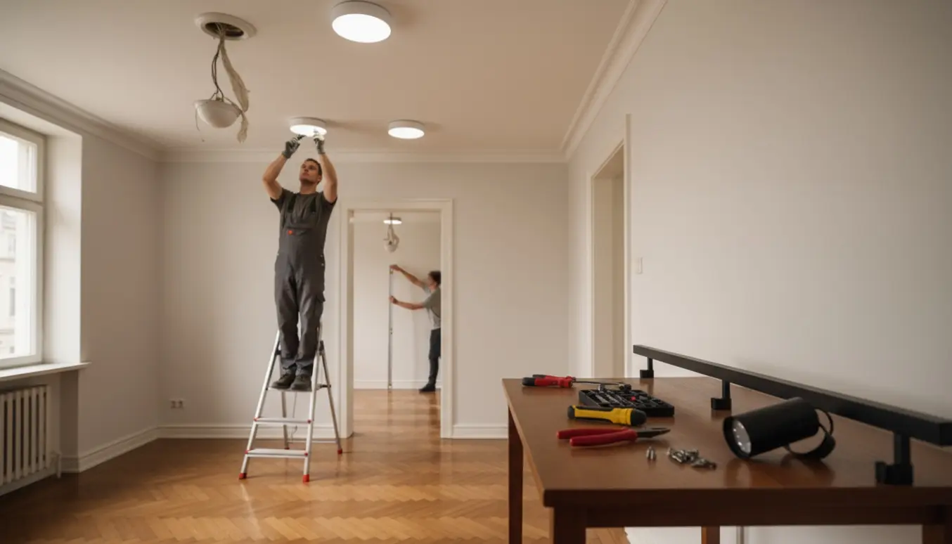 Elektriker opdaterer tre gamle lampeudtag i en lejlighed og installerer moderne lofts- og skinnebelysning.