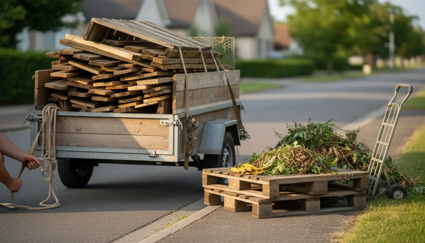 En lille trailer ved fortovet fyldt med nedrevet træhegn, brugte paller og haveaffald klar til afhentning.
