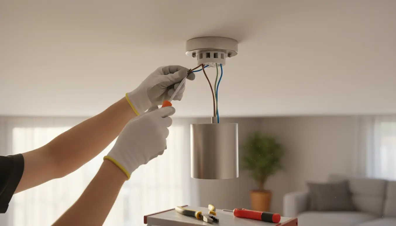 Hænder i handsker forbinder ledninger for at montere en loftslampe i en lys stue.