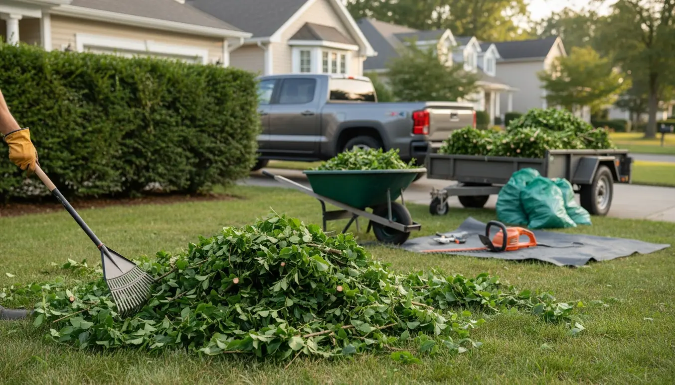 Nyklippede bøgehækskær læsses i en trailer ved indkørsel med værktøj og trillebør i forgrunden.