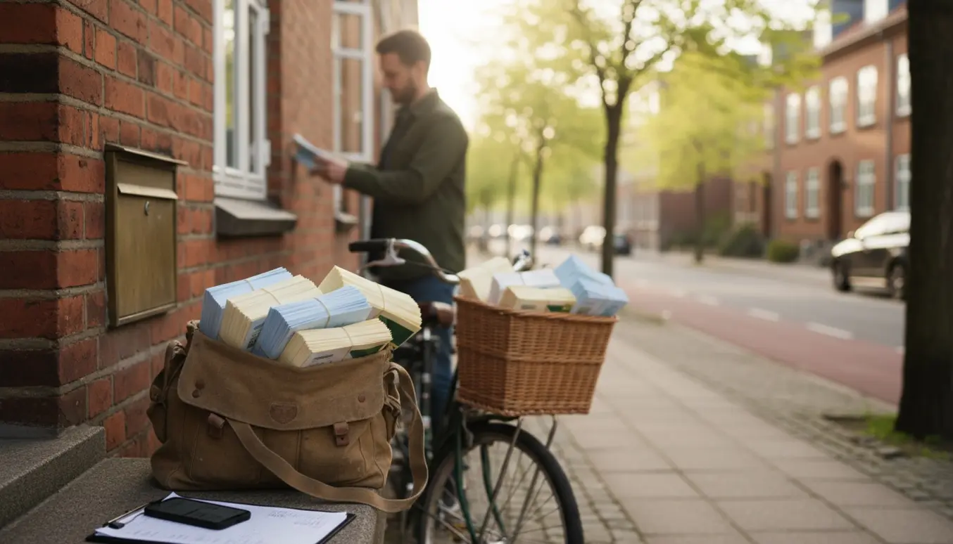 En person lægger flyers i en postkasse på en træbevokset Lyngby-gade med cykelkurv fyldt med flyers.