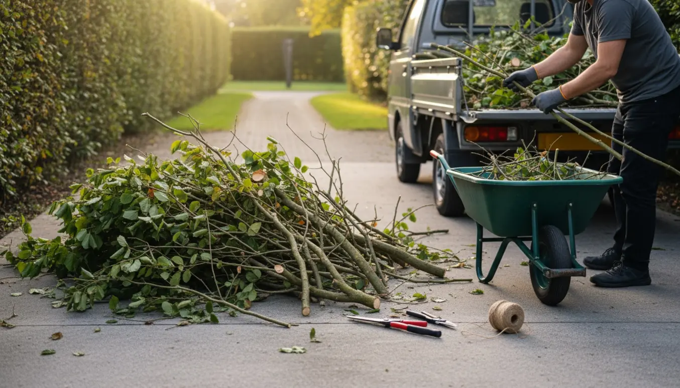 Stak af hasselnøddegrene i forskellige længder og tykkelser klar til afhentning ved indkørsel.