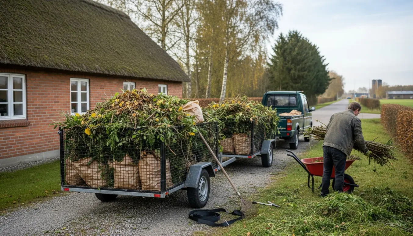 Net-trailer fyldt med haveaffald ved en landejendom i Udsholt, hvor en person set bagfra læsser grene før kørsel til genbrugspladsen.