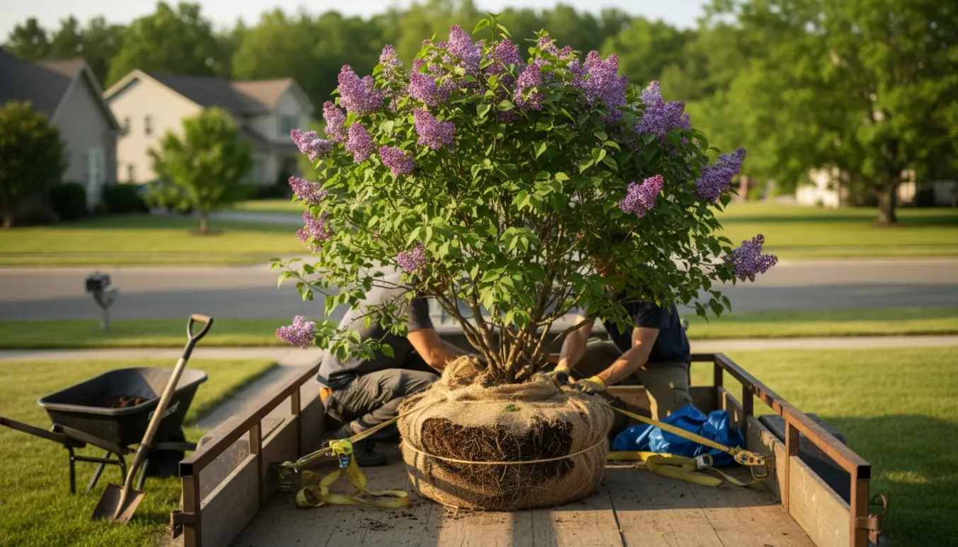 Velvoksen dværgsyren indpakket i jute på en lille trailer, sikret med stropper i en stille forstadsgade.