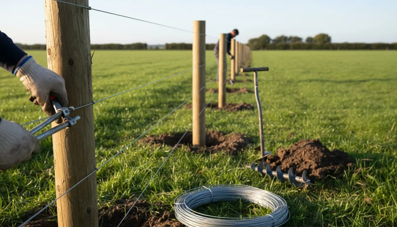 Opsætning af trådhegn med træpæle og værktøj i en åben mark, set tæt på hænder og wire.
