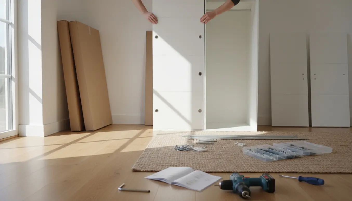 To hænder samler et højt hvidt garderobeskab af PAX-typen i et lyst soveværelse med værktøj og fittings ved siden af.