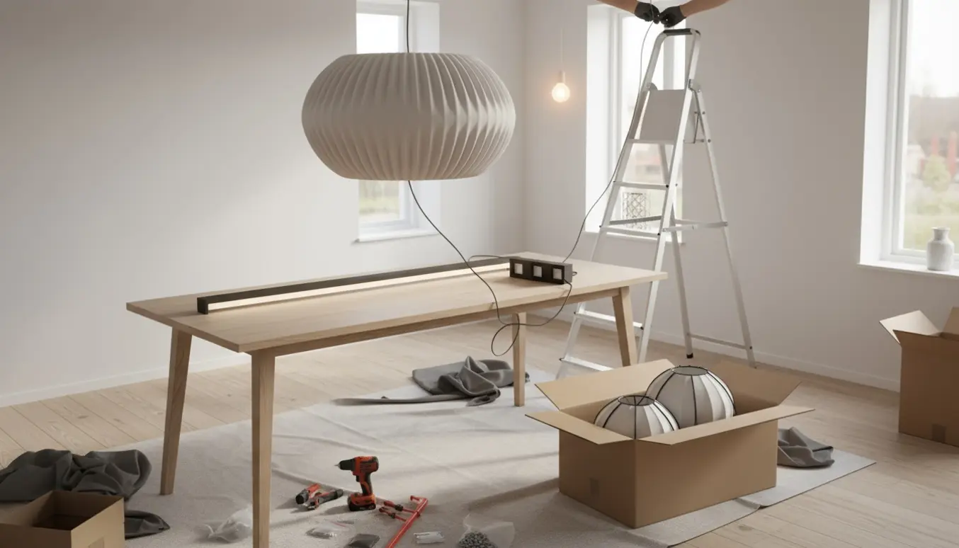 Opsætning af seks lamper i et nyt hus med stige, værktøj og hængende pendler.