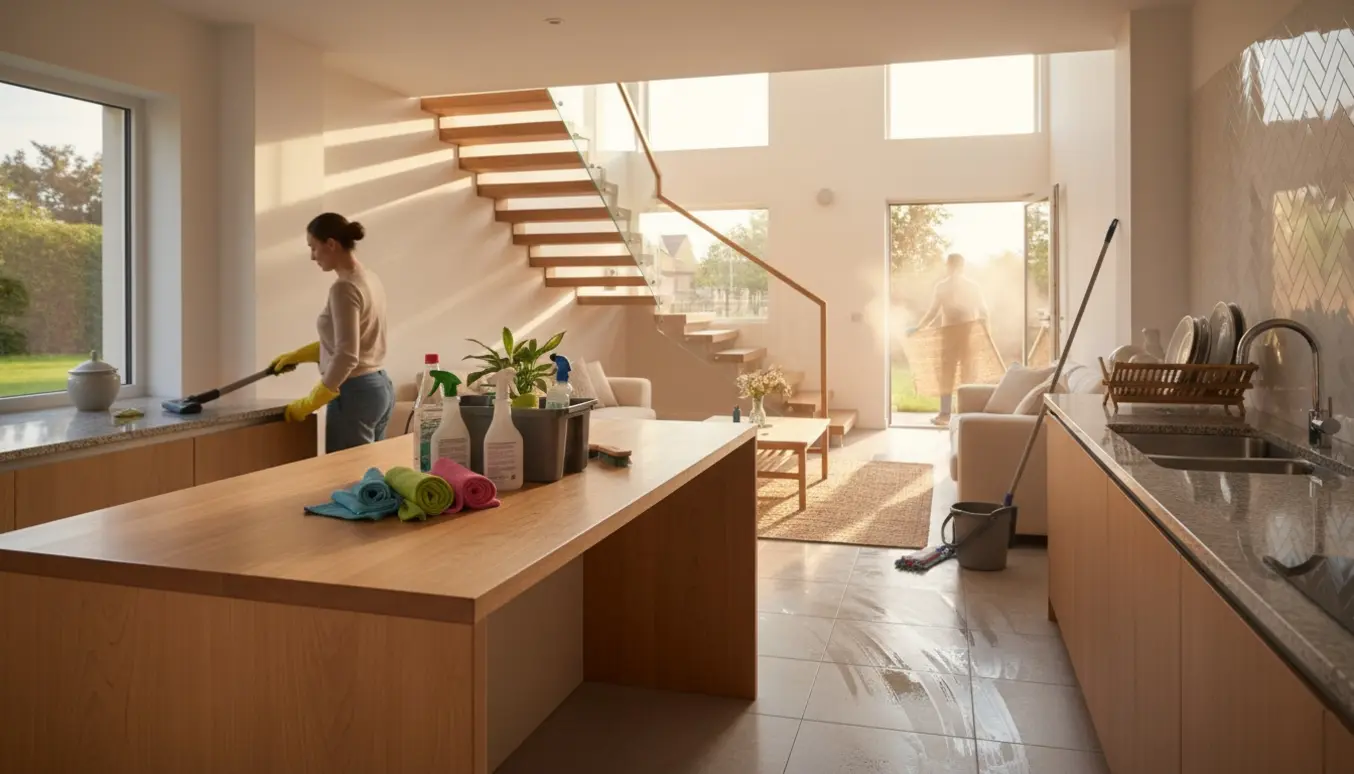 Dybderengøring i et rummeligt privat hjem med fokus på køkken, stue og overetagen, rengøringsudstyr i forgrunden.