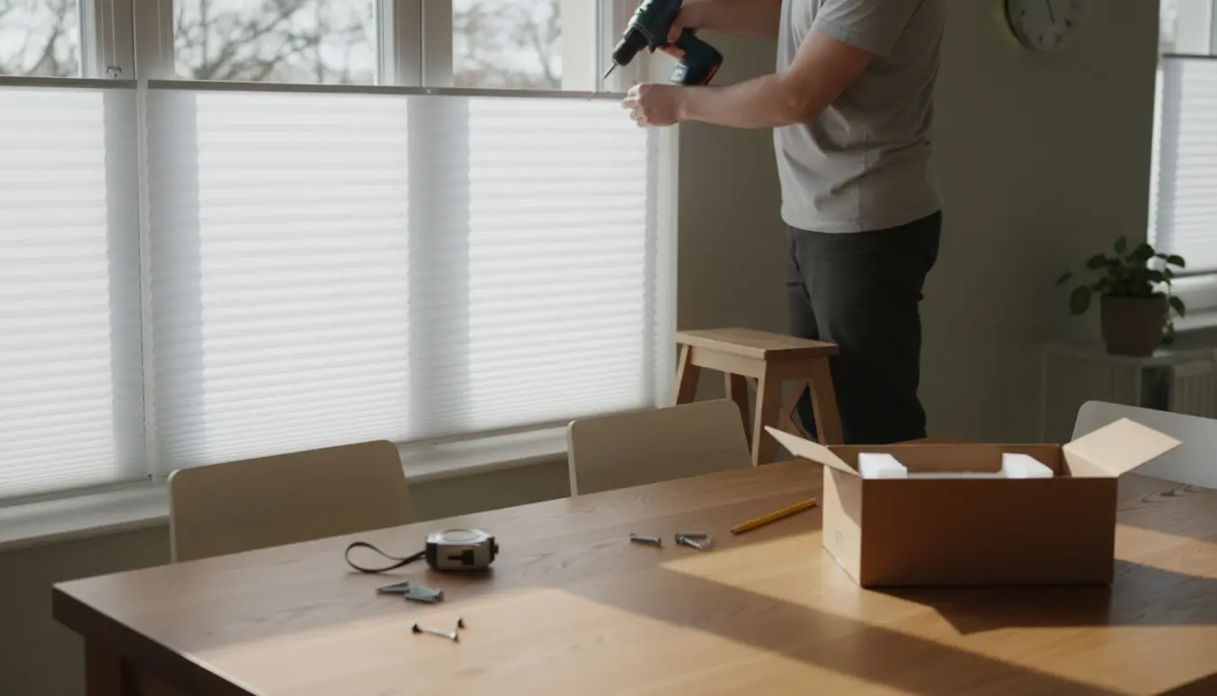Hænder monterer et hvidt plisségardin i en spisestue med værktøj på et træbord.