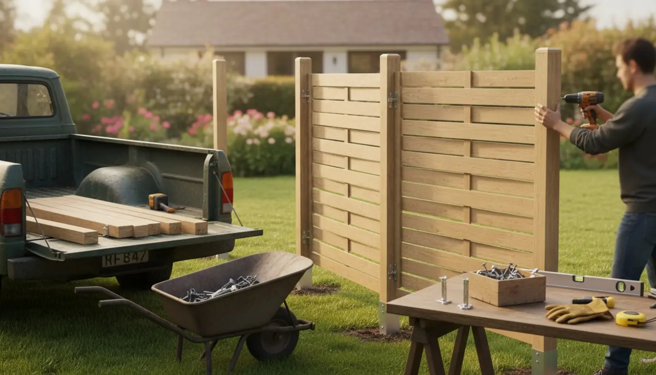 Tre foldehegn monteres i en baghave med seks stolper, jordspyd og værktøj i forgrunden.