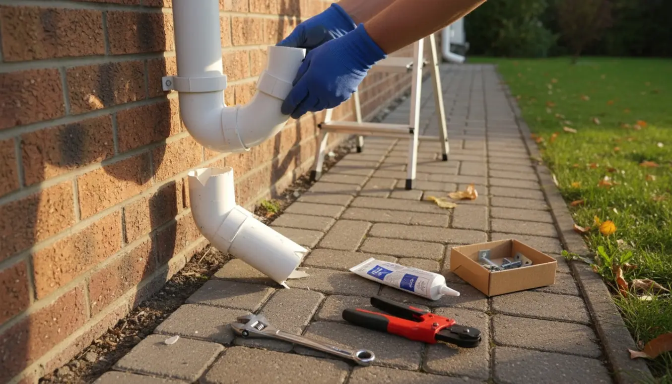Hænder udskifter den nederste ødelagte del af et hvidt plastik nedløbsrør ved husets sokkel.
