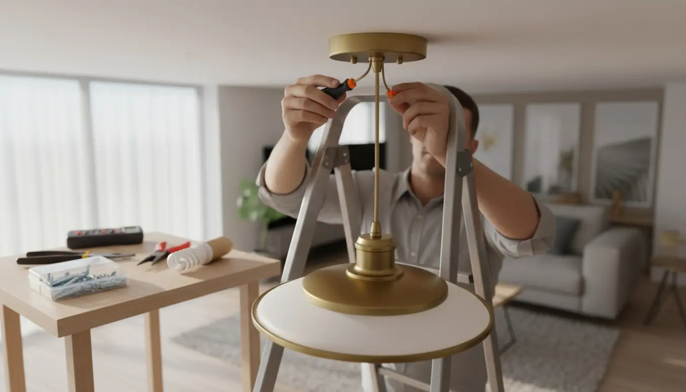 Hænder fra en person på en stige monterer en loftlampe i en moderne stue.