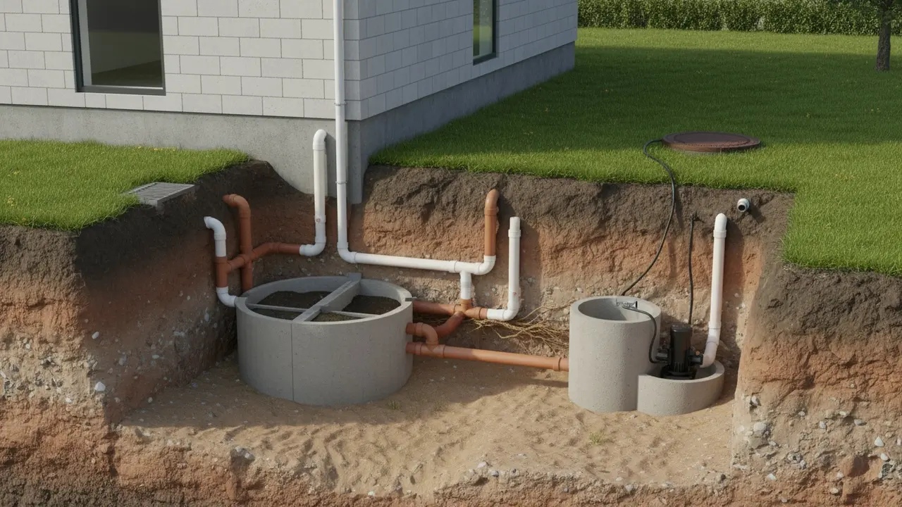 Tværsnit af parcelhus med synligt kloaksystem, rør, brønd og septiktank under jorden