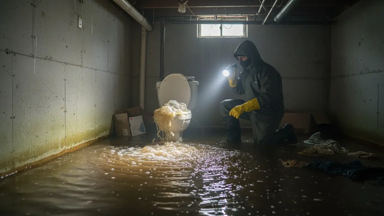 Kælder med stående kloakvand og håndværker i beskyttelsesudstyr, toilet tæt på overløb
