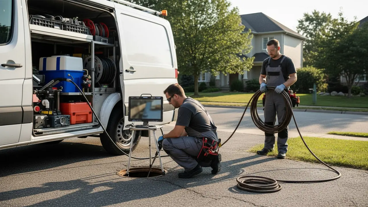 Kloakmester bruger kamerainspektion og højtryksslange ved kloakrensning ved hus