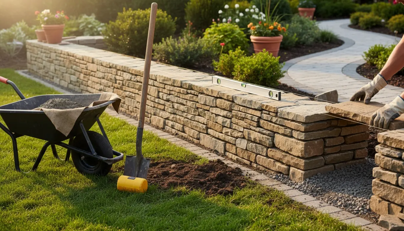 Nybygget ca. 0,5 m høj og 4 m lang naturstensstøttemur mellem to have­nivea­er med haveredskaber i forgrunden.