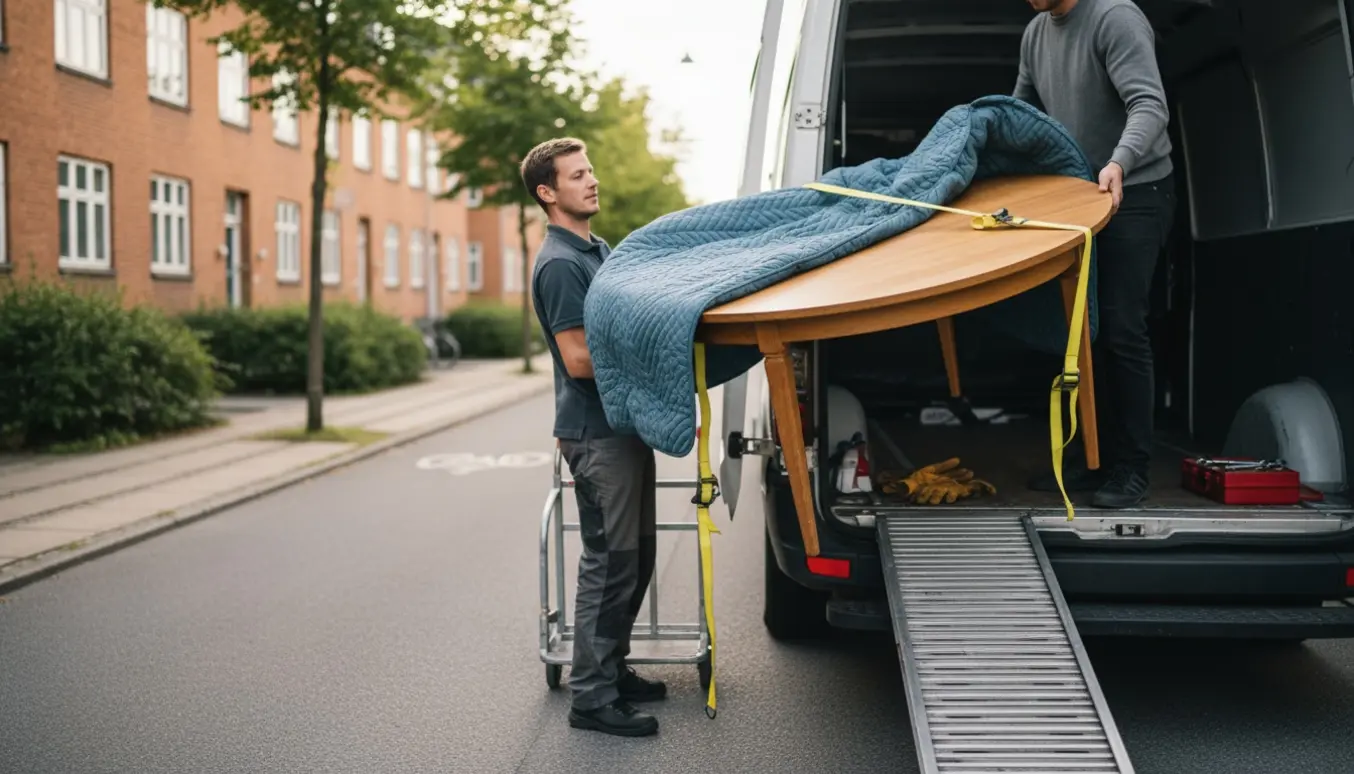 To personer løfter et rundt spisebord (ca. 100 cm) ind i en varevogn ved fortovet med flyttetæpper og dolly.
