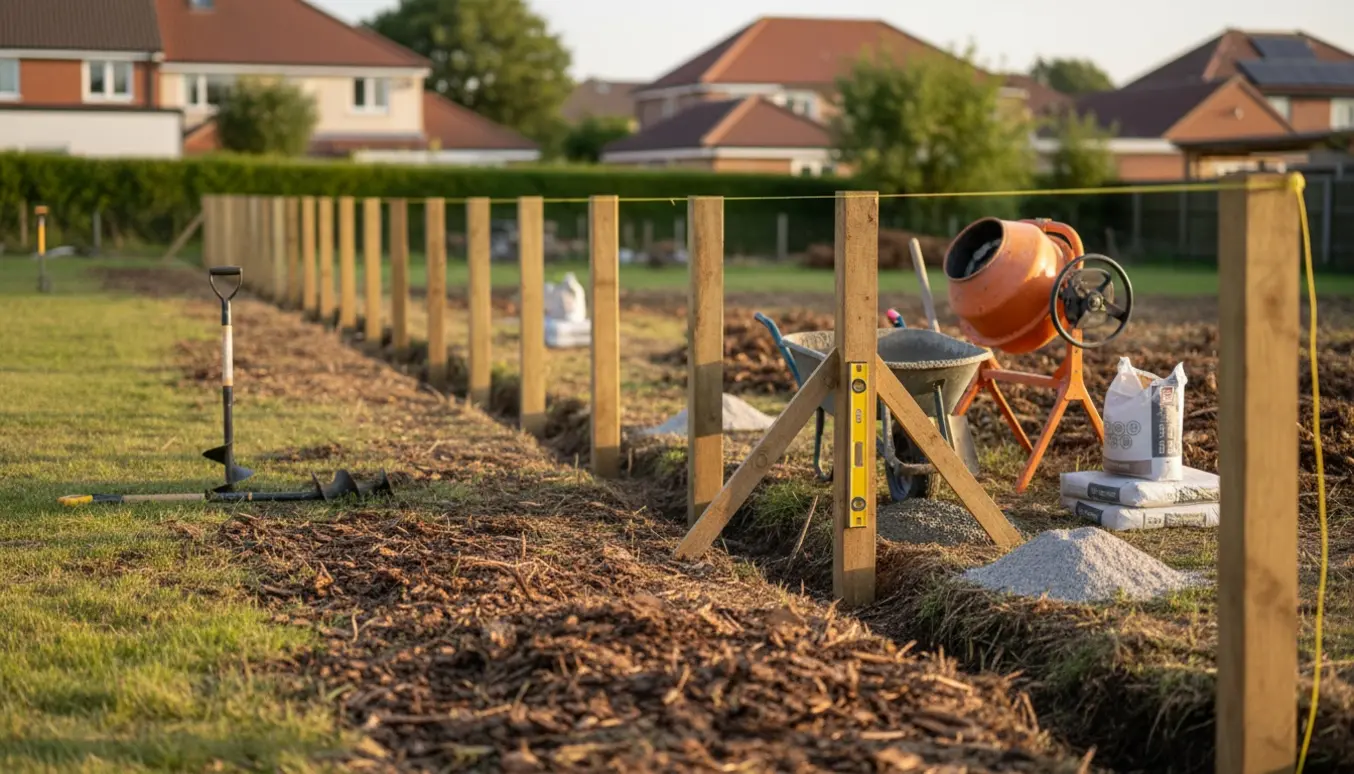 Række træstolper sættes i forankrede huller med våd beton på en nys ryddet grund efter fjernet hæk og stubfræsning.