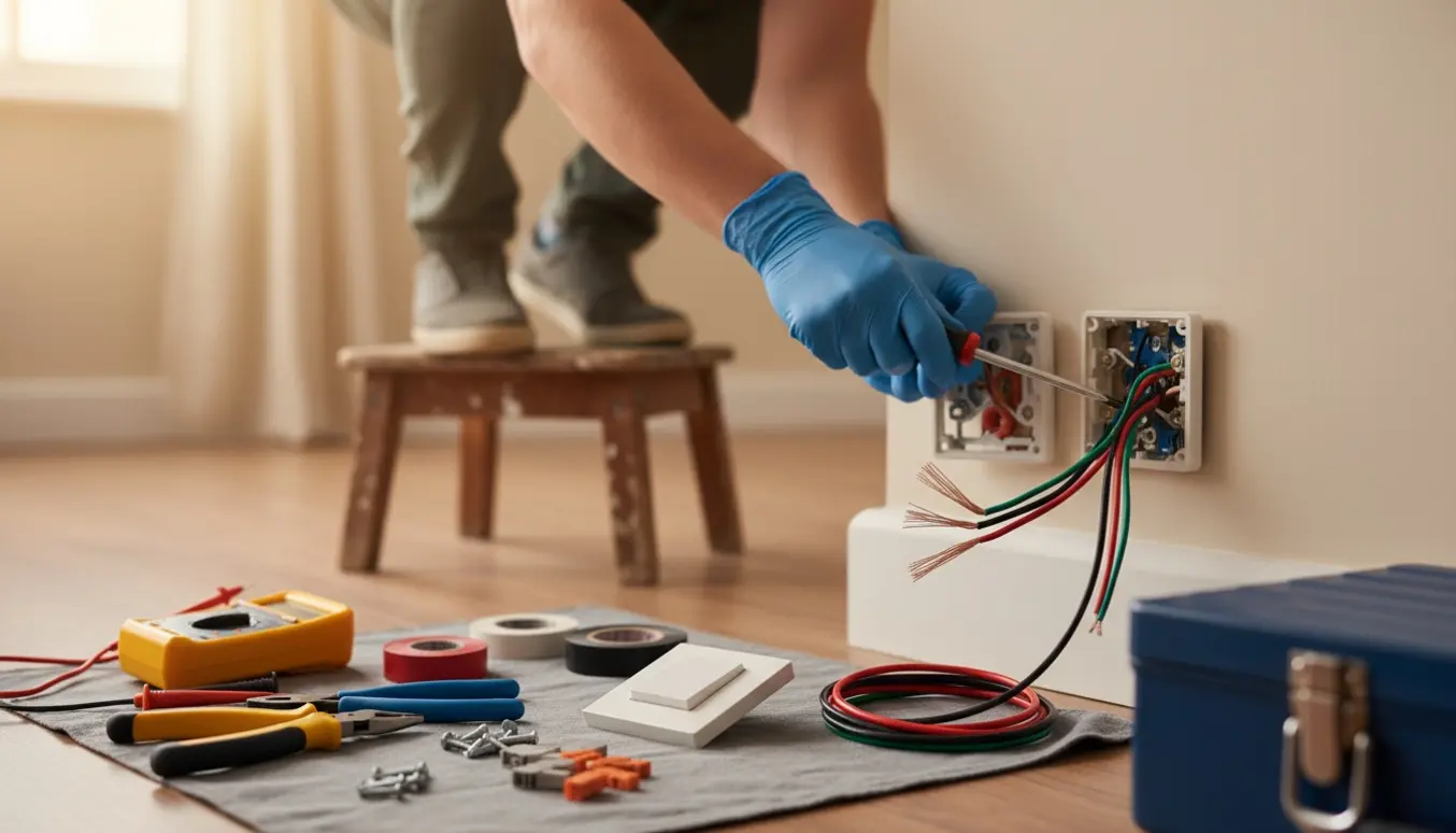 Hænder på en skammel udskifter en loftlampe og en vægafbryder med værktøj og reservedele i et lyst hjem.