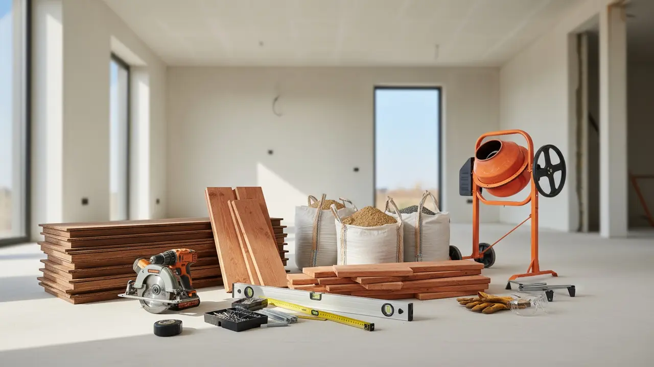 Oversigt over værktøj og materialer til terrassebyggeri: save, boremaskine, vaterpas og brædder