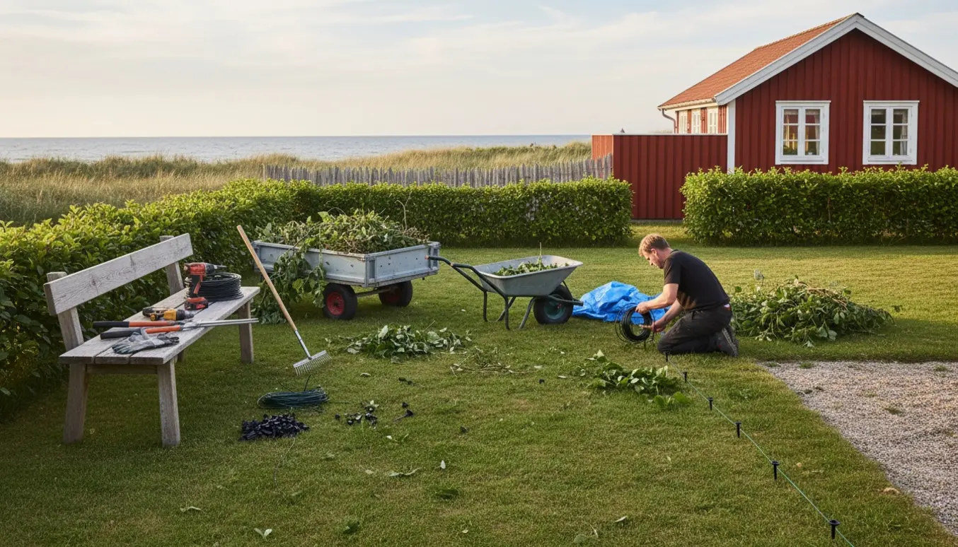 Kanttråd og guidekabel lægges langs en nyklippet hæk ved et sommerhus, med bunker af haveaffald og trailer klar til bortkørsel.