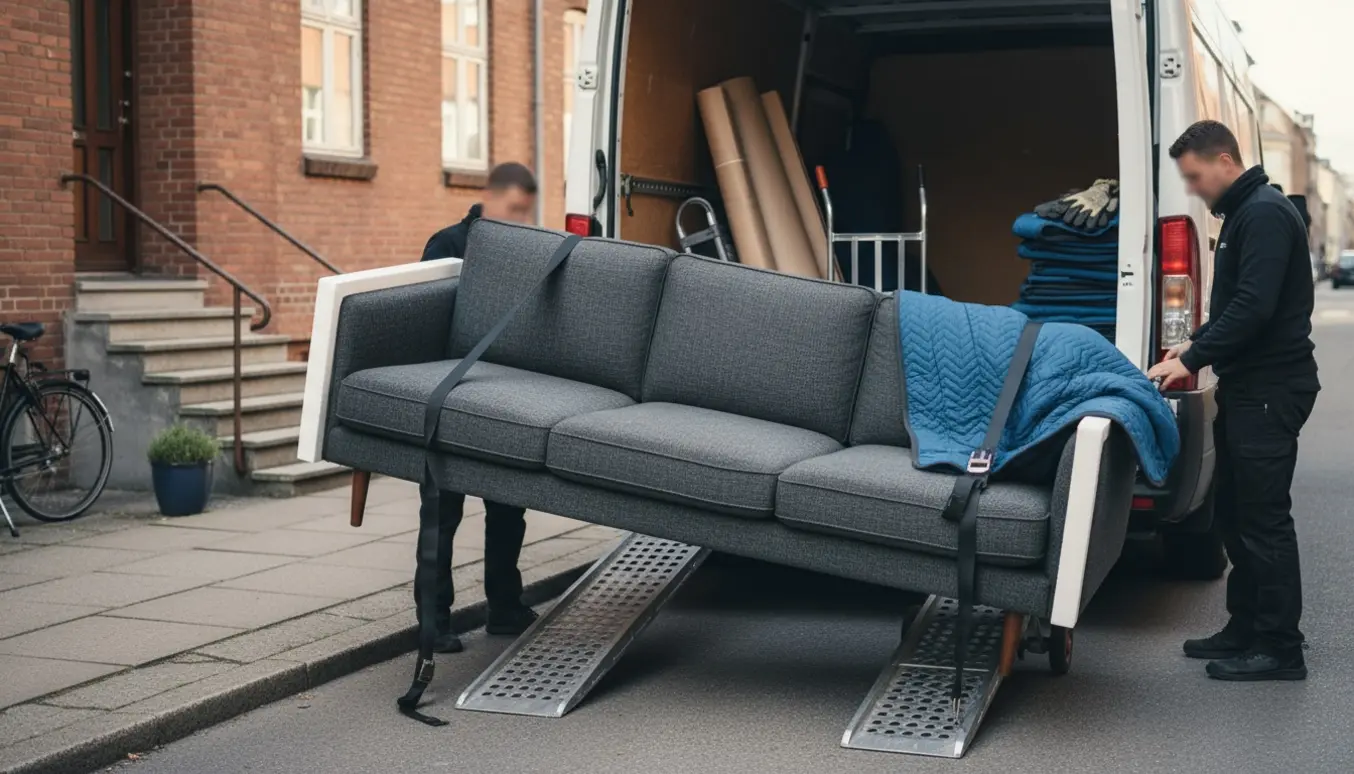 En stor trepersoners sofa læsses i en flyttevogn på en gade i Valby med flytteudstyr omkring.