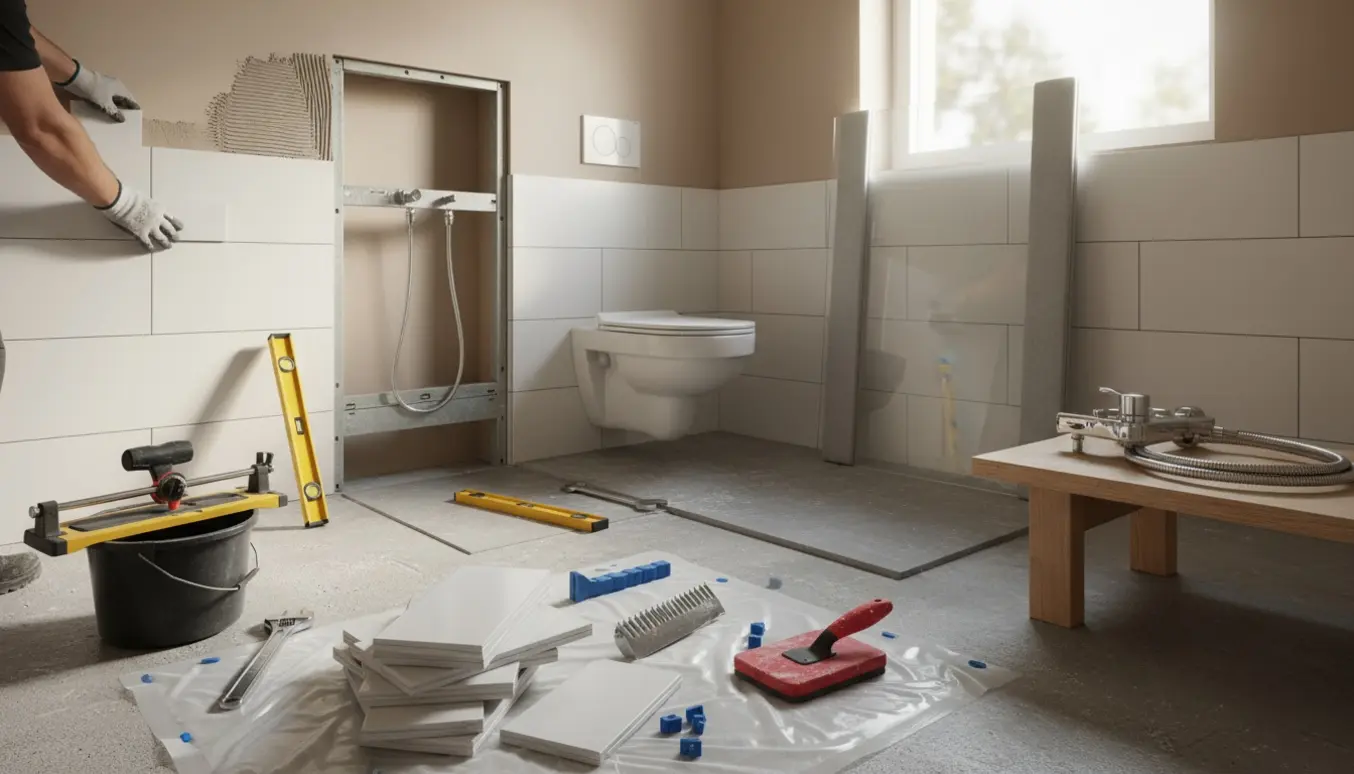 Lille badeværelse under renovering med nye fliser, værktøj, glas brusevæg og væghængt toilet klar til montering.