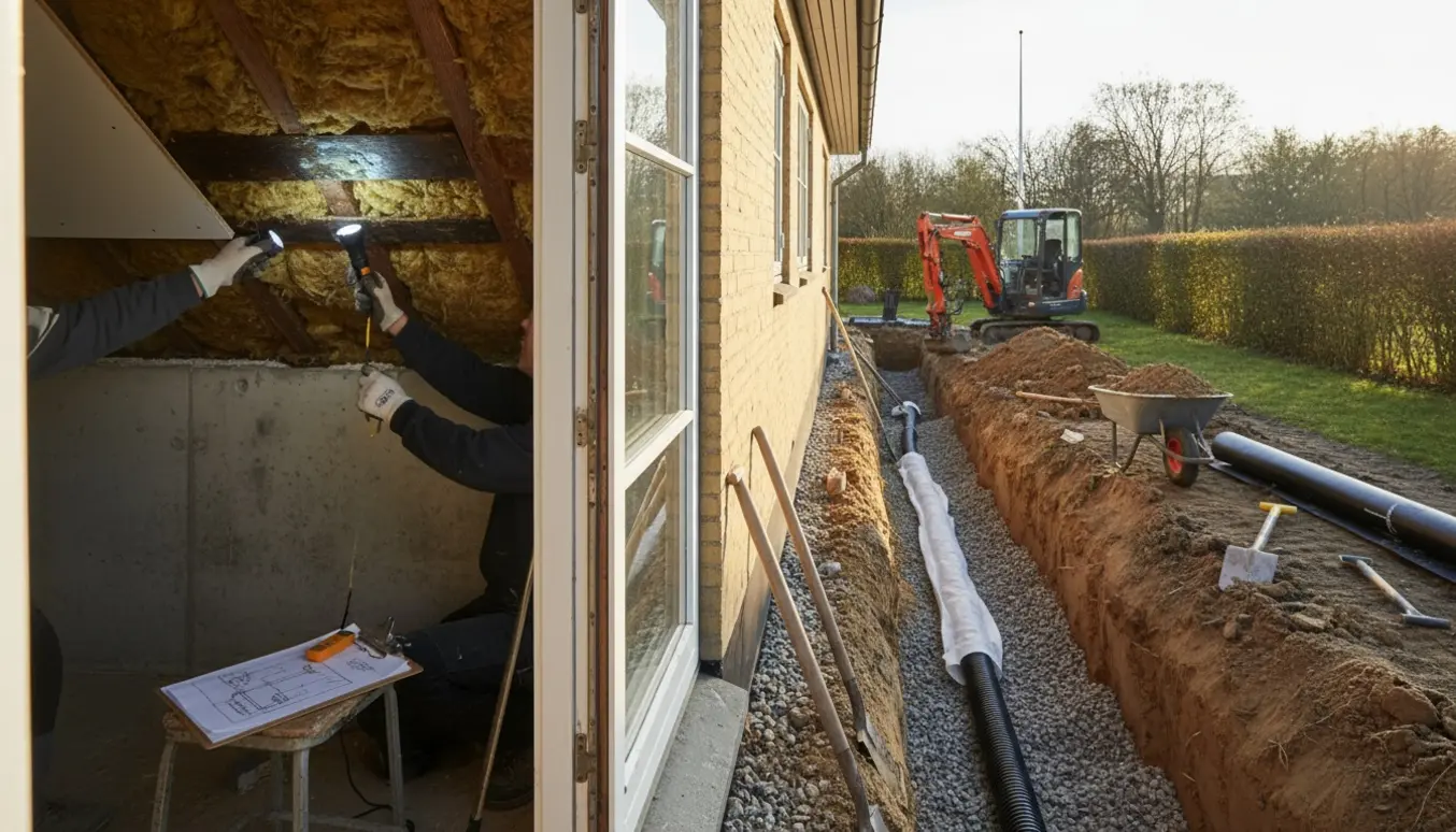 Nedgravet kælder med fjernet loft og håndværkerhænder, der installerer omfangsdræn omkring et 60'er parcelhus.