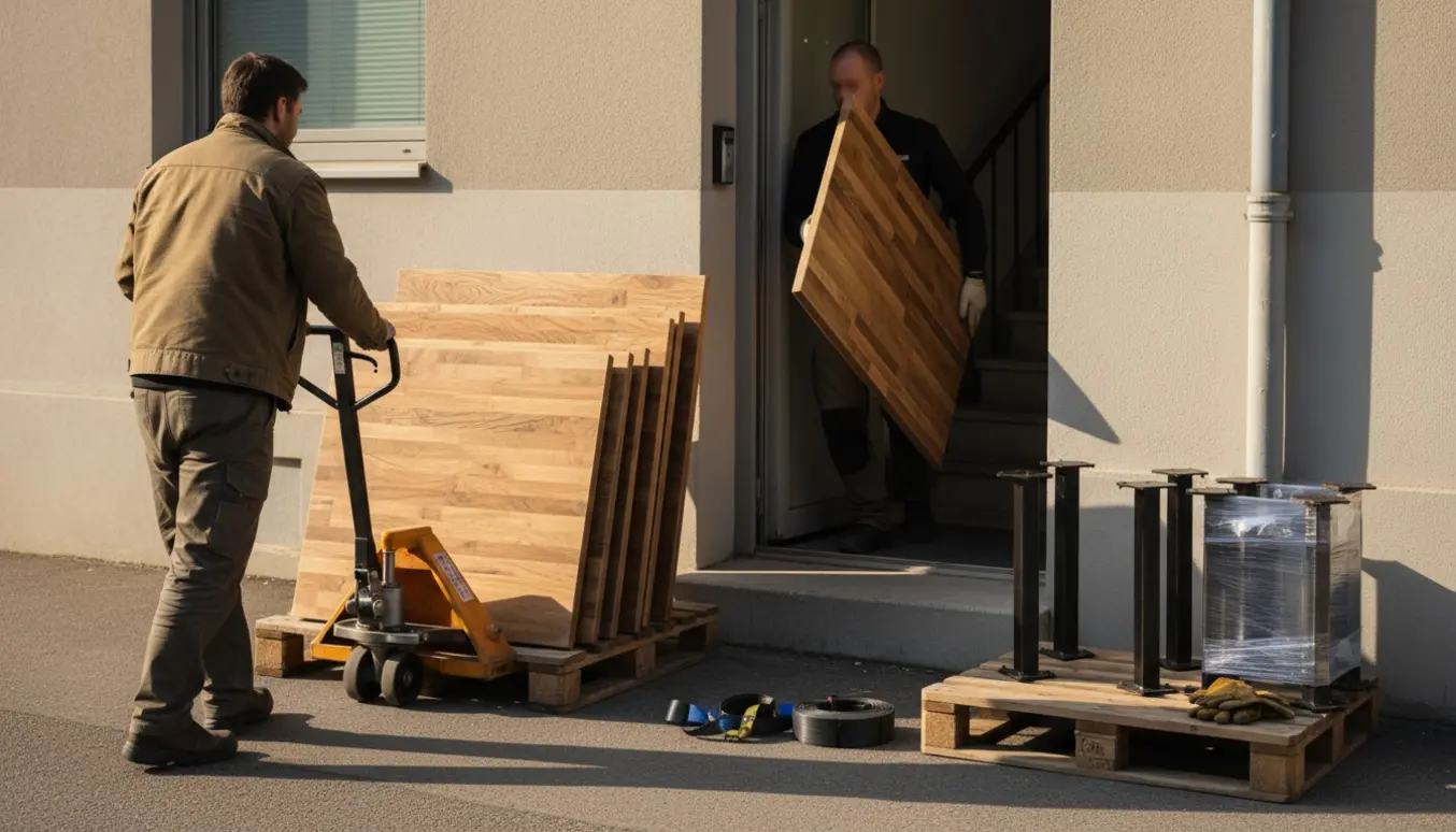 To personer flytter en palle med stabler af bordplader ind gennem en dør med et trin, med møbelhund og kasser med bordben.