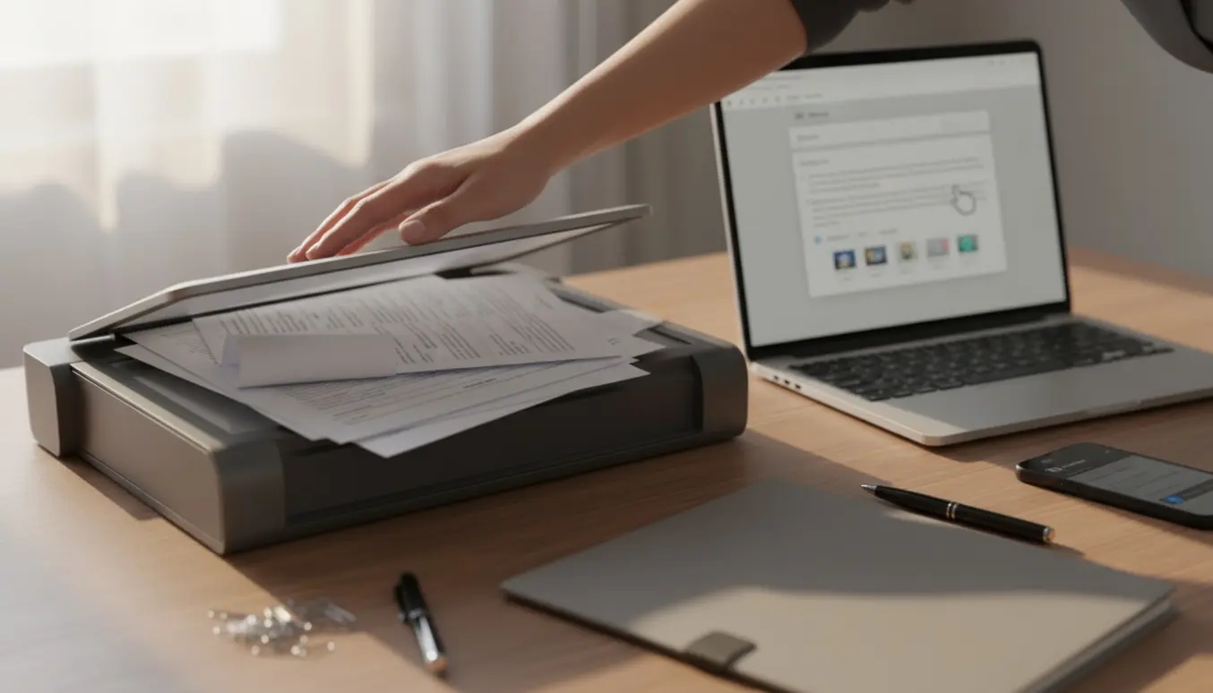 Fire eksamenspapirer scannes og vedhæftes til en e-mail på et soloplyst skrivebord.