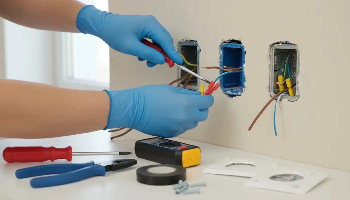 Hænder monterer elkabler og stikdåser i en væg med værktøj klar ved siden af.