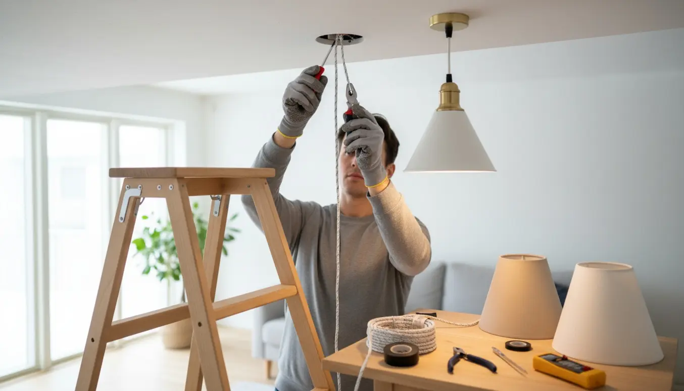 Hænder monterer og tilslutter nye ledninger til loftlamper i en lys stue.