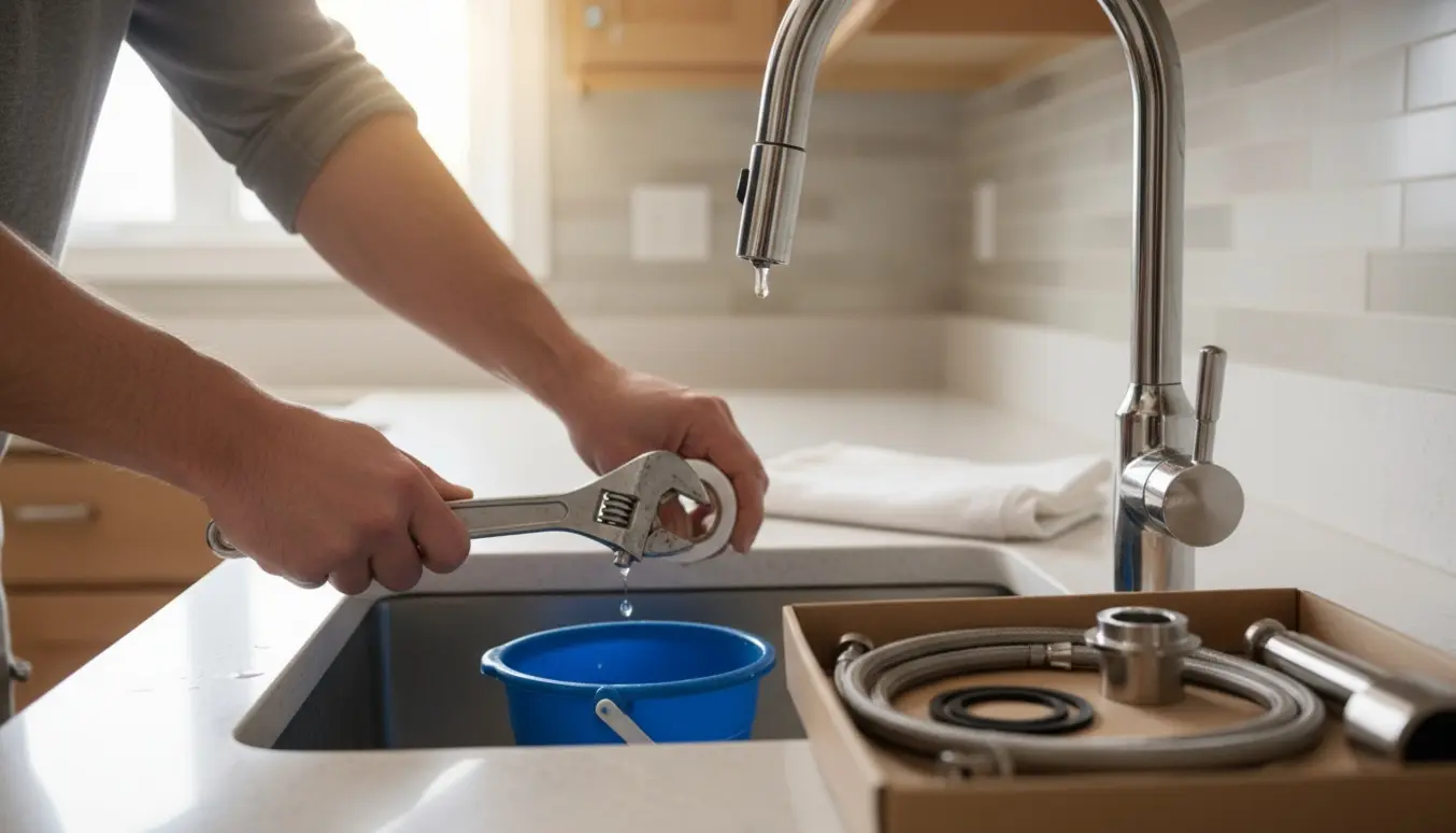 Hænder arbejder på en utæt køkkenvandhane med værktøj og en ny vandhane klar til montering.