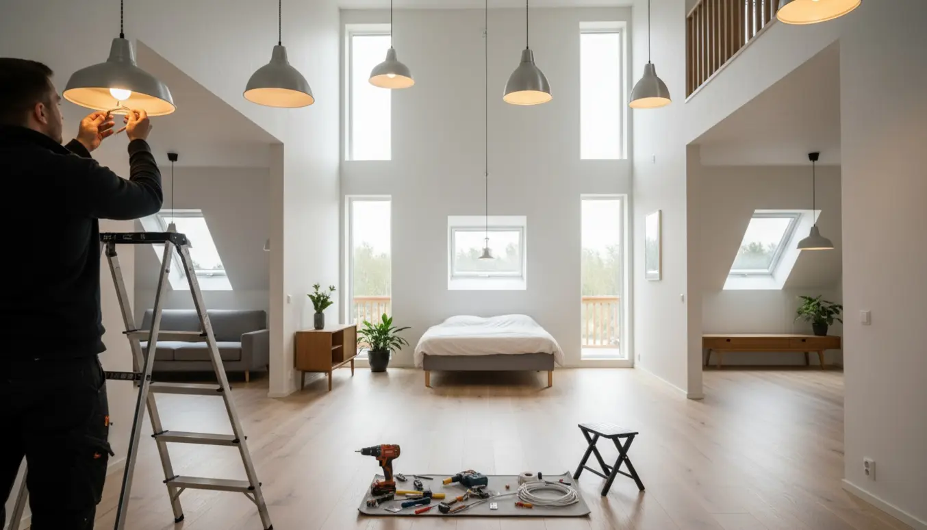 Elektriker monterer en loftslampe i en moderne villa med flere installerede lamper i baggrunden.