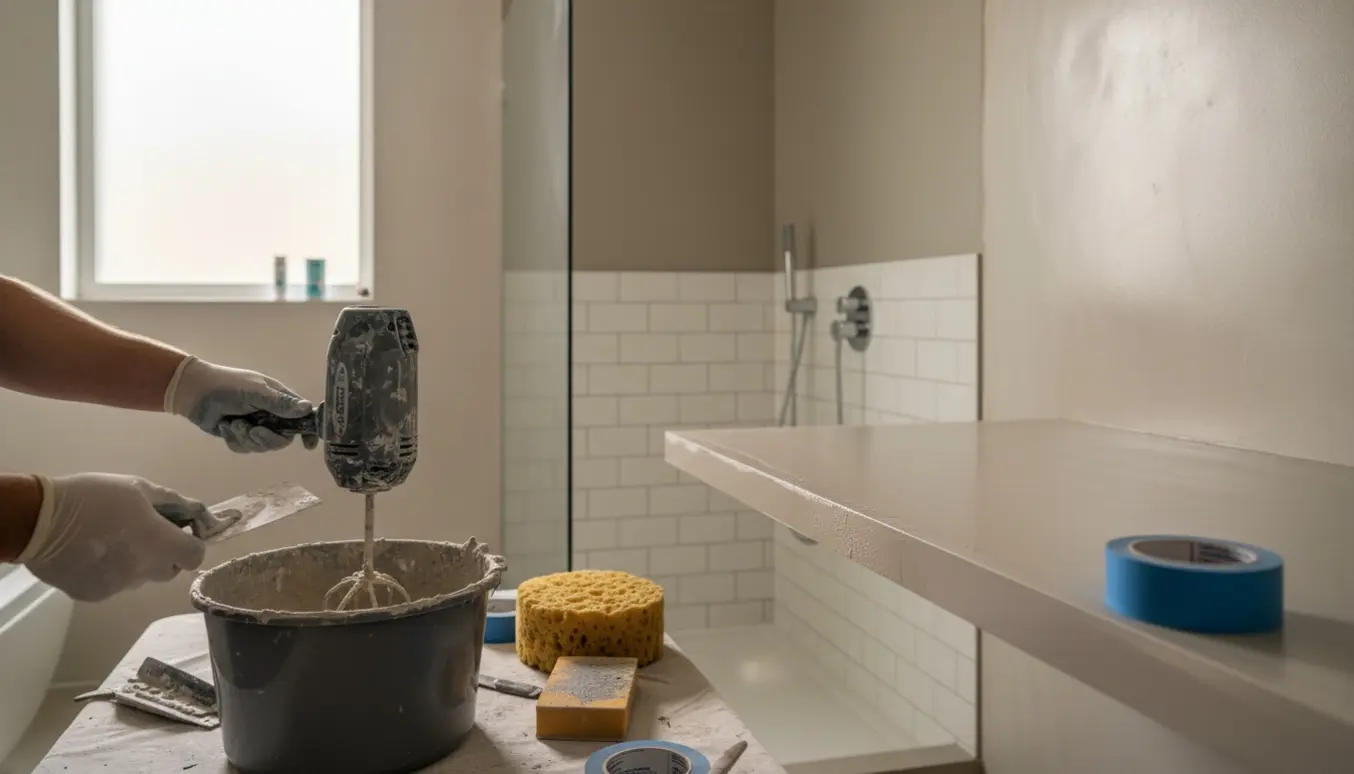 Nærbillede af et moderne badeværelse under renovering med microcement på gulv, vægge og et langt bord.