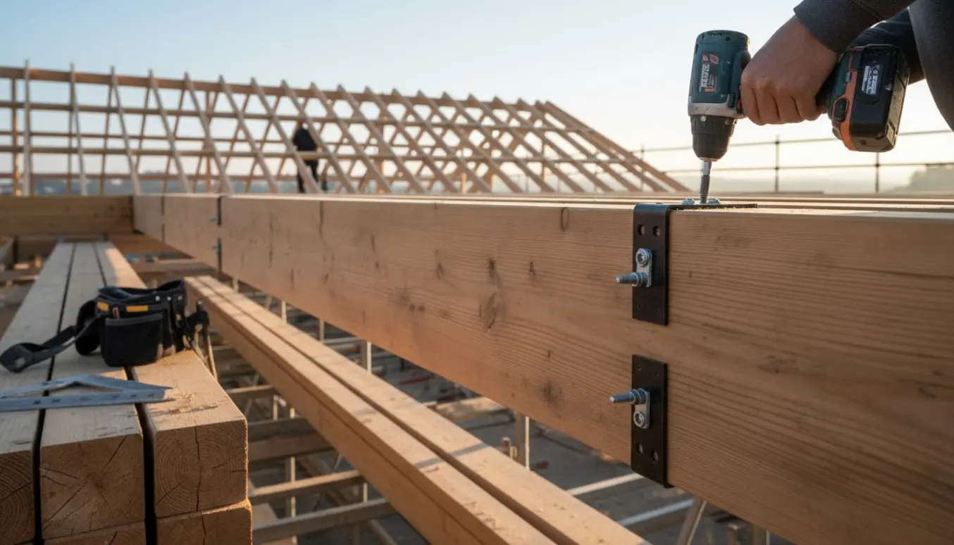 Tømrer fastgør spær til en kraftig limtræsbjælke på en byggeplads.